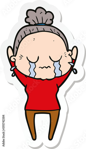 sticker of a cartoon old woman crying