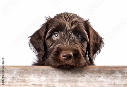 Adorable Wirehaired Pointing Griffon Puppy Peeking Out from Behind White Table with Copy Space, Isolated on White Background. Generative AI.