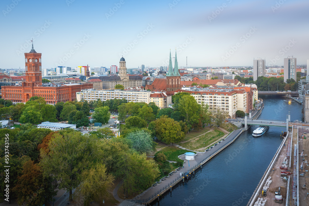 Aerial view of Berlin with St. Nicholas Church, Berlin City Hall, Old City Hall and Spree River - Berlin, Germany