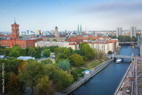 Aerial view of Berlin with St. Nicholas Church, Berlin City Hall, Old City Hall and Spree River - Berlin, Germany