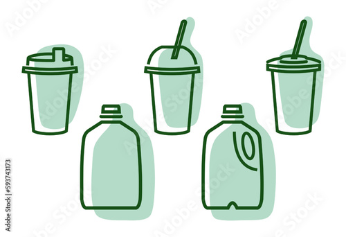 Set of recyclable drink items in green color. Outline pictograms signs symbols of beverage packaging. Milk gallon, coffee cup with flat dome cover. Vector illustration. Ecology and waste recycling