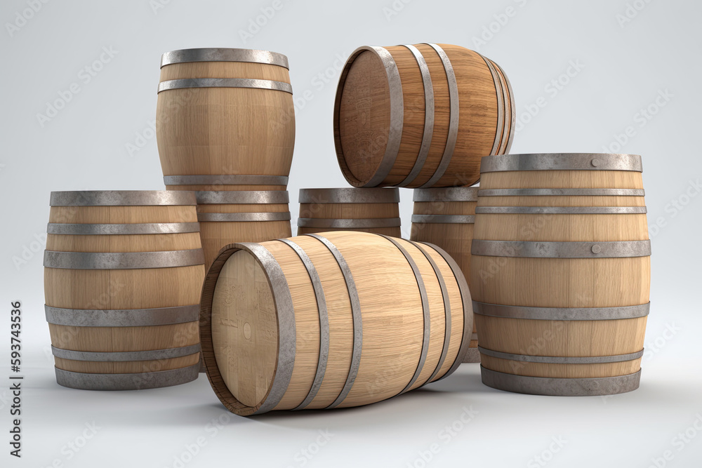 Wine oak barrels on a gray background. Generative ai.