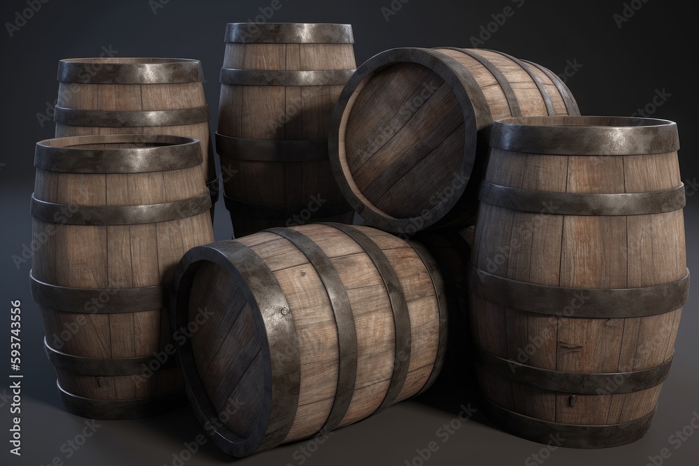 Many oak wooden barrels on a dark background. Generative ai.