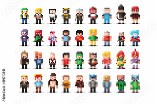 8 bit pixel characters on a white background. Generative ai.