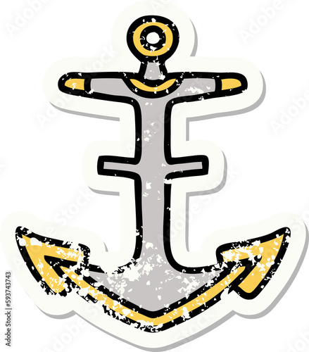 traditional distressed sticker tattoo of an anchor