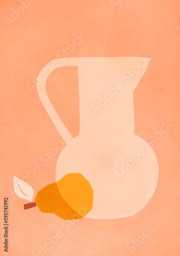 Kitchen pitcher with pear fruit, minimal art composition photo