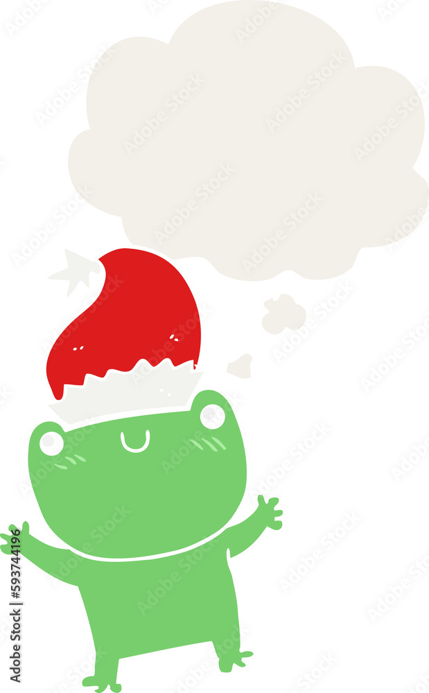 Fototapeta premium cute cartoon frog wearing christmas hat and thought bubble in retro style