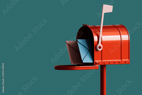 red mailbox with mails on blue background. 3D render photo