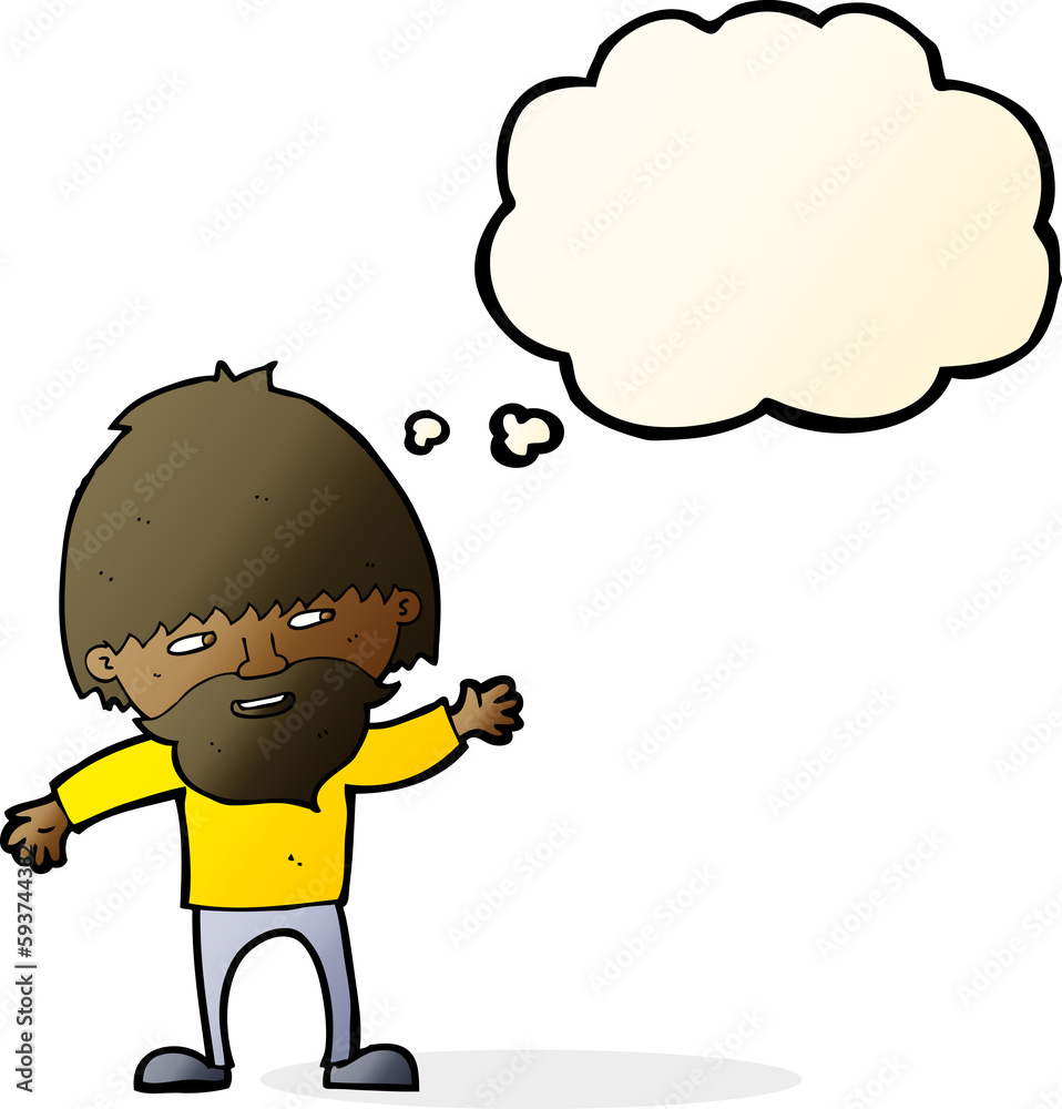Fototapeta premium cartoon happy bearded man waving with thought bubble