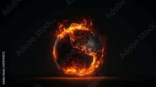 Earth Globe on Fire - Climate Change and Global Warming Concept on Dark Background - Generative AI