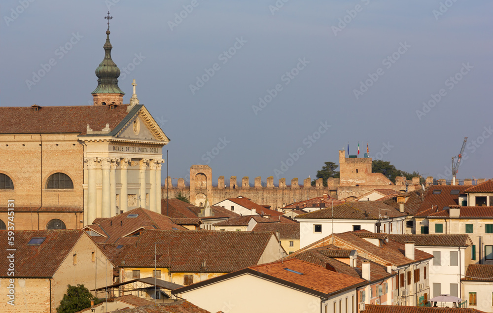 Skyline of the town of Cittadella, in Veneto region, Italy, with the church in the foreground and the medieval walls in the background