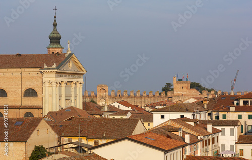 Skyline of the town of Cittadella, in Veneto region, Italy, with the church in the foreground and the medieval walls in the background