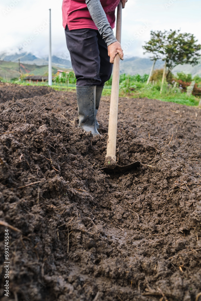 Man using a hoe in the soil Man using a hoe in the soil