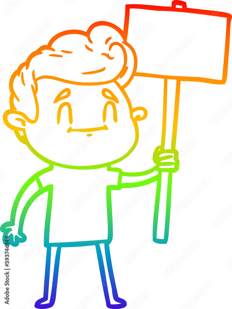 rainbow gradient line drawing happy cartoon man with sign rainbow gradient line drawing happy cartoon man with sign