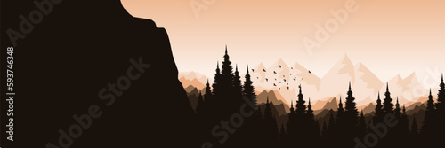 sunset sky nature view with mountain landscape and forest silhouette good for web banner, ads banner, tourism banner, wallpaper, background template, and adventure design