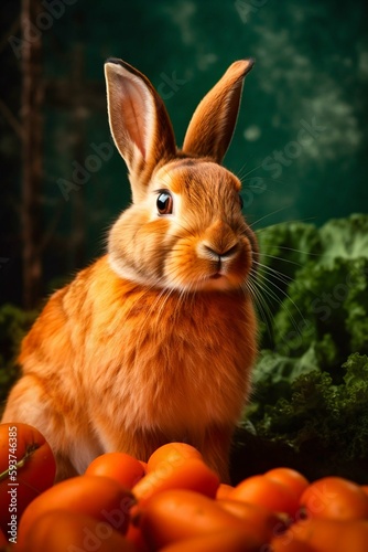 Cute Rabbit Sitting on Carrot Background. Generative ai © Scrudje