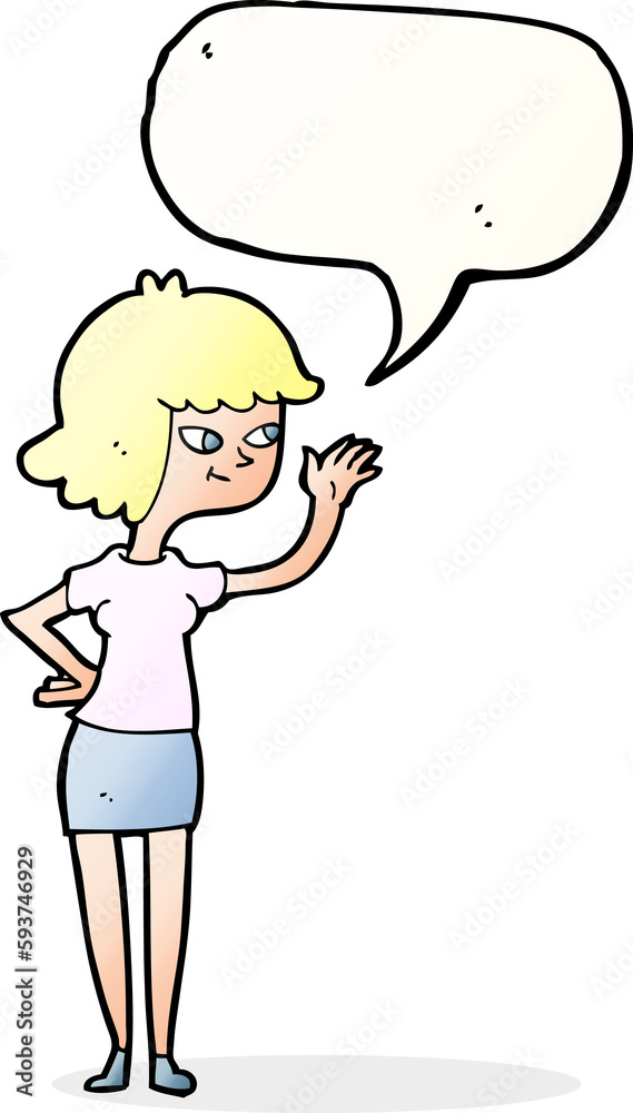 cartoon friendly girl waving with speech bubble cartoon friendly girl waving with speech bubble