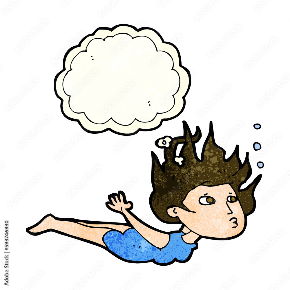 cartoon woman swimming underwater with thought bubble cartoon woman swimming underwater with thought bubble