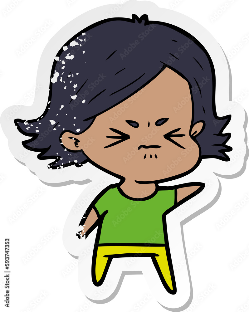 distressed sticker of a cartoon angry girl distressed sticker of a cartoon angry girl