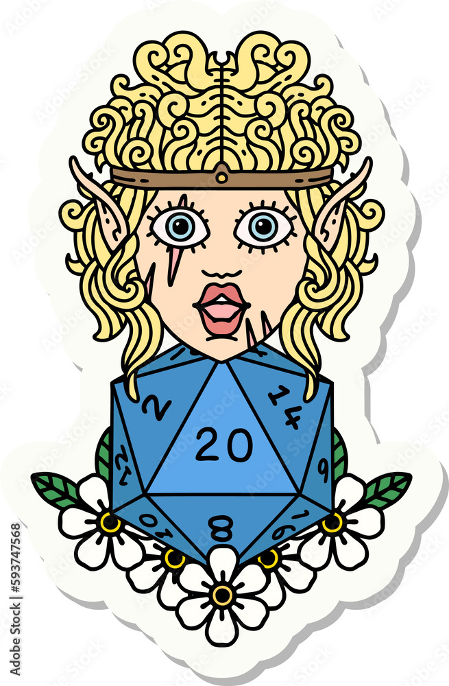 elf barbarian character with natural twenty dice roll sticker elf barbarian character with natural twenty dice roll sticker
