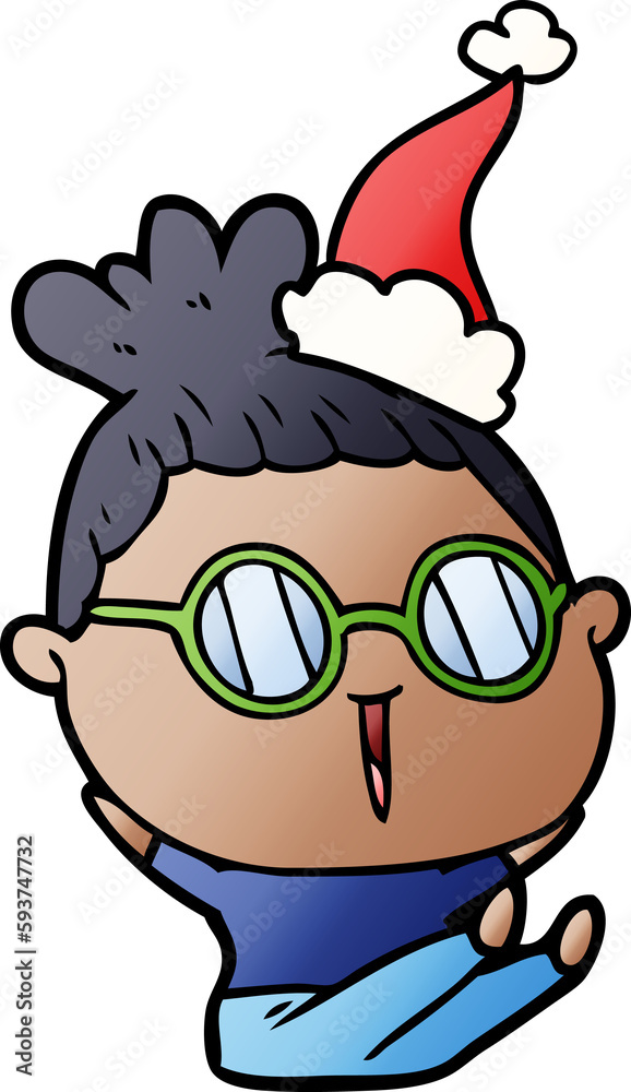 gradient cartoon of a woman wearing spectacles wearing santa hat