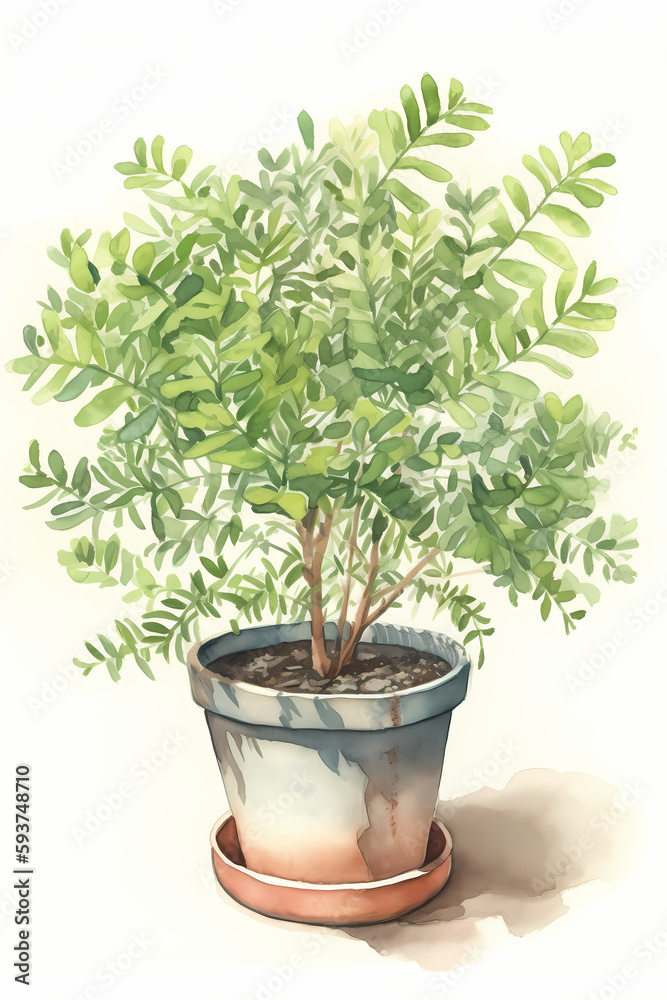 Botanical Watercolor Illustration of Acacia in Pot. Generative AI