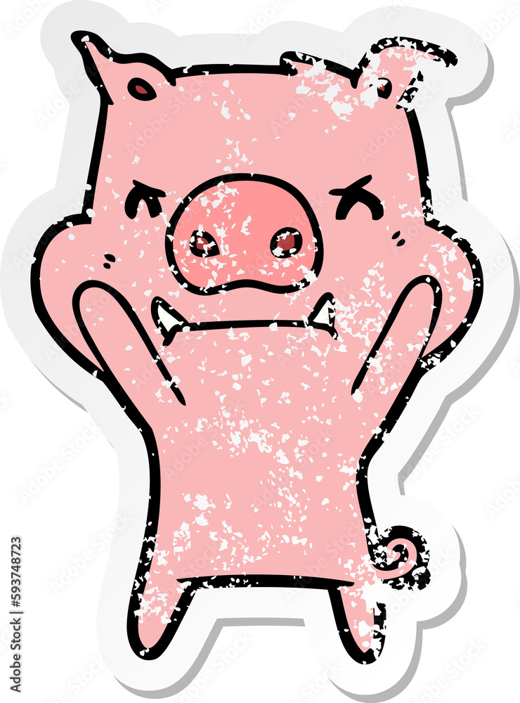 distressed sticker of a angry cartoon pig distressed sticker of a angry cartoon pig