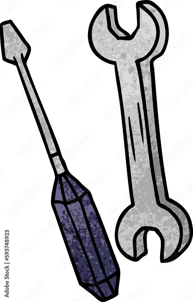 textured cartoon doodle of a spanner and a screwdriver textured cartoon doodle of a spanner and a screwdriver