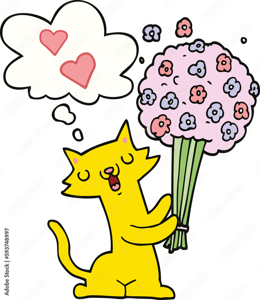 Fototapeta premium cartoon cat in love with flowers and thought bubble