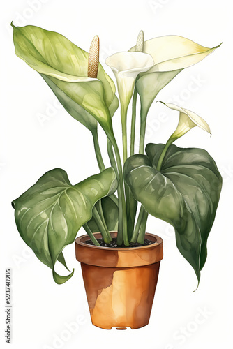 Botanical Watercolor Illustration of Arum Lily in Pot. Generative AI
