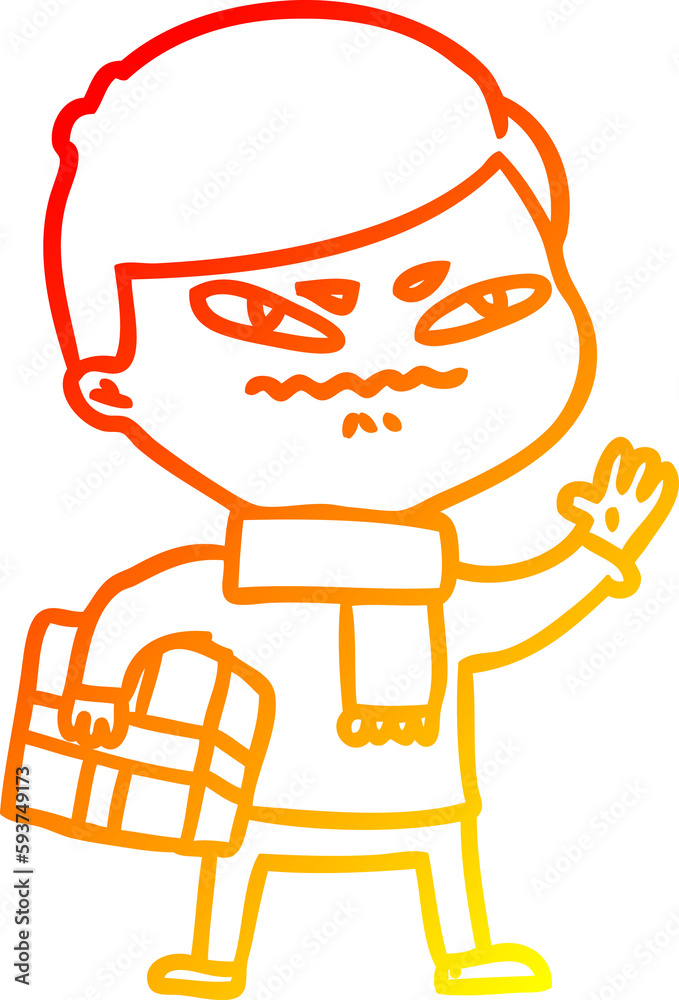 warm gradient line drawing cartoon angry man carrying parcel