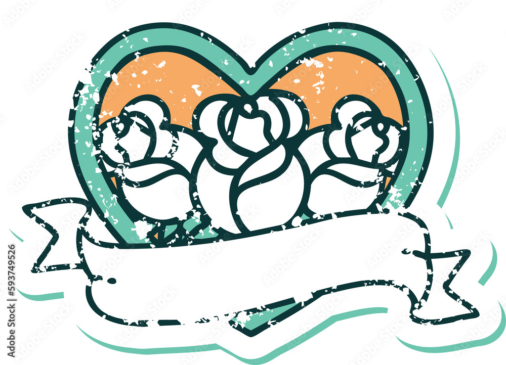 distressed sticker tattoo style icon of a heart and banner with flowers distressed sticker tattoo style icon of a heart and banner with flowers