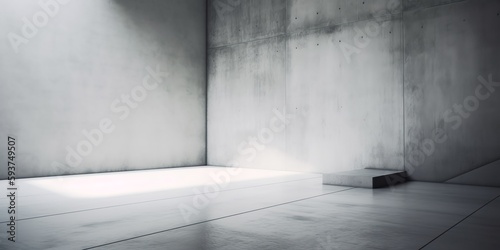 Concrete wall and floor background for product display or mock up, three dimensional showroom. Background. Mockup. Generative AI. Abstract white interior of an empty room with concrete walls