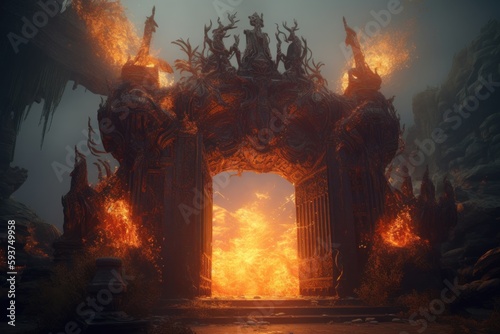 Hell's Gates: Demonic Entrance Through a Fiery Portal, Generative AI photo