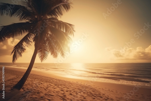 Tropical beach paradise with a coconut palms tree in a white sand at sunset. Vintage photography background. Generative AI