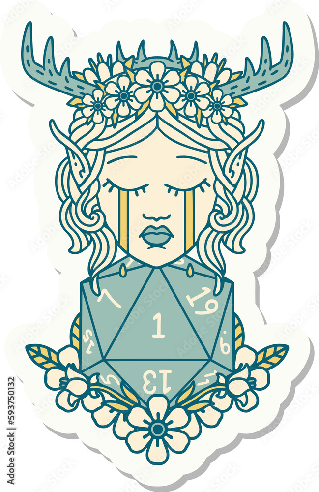 crying elf druid character face with natural one D20 roll sticker crying elf druid character face with natural one D20 roll sticker
