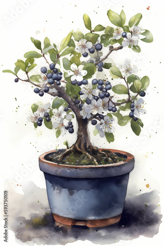 Botanical Watercolor Illustration of Blackthorn in Pot. Generative AI
