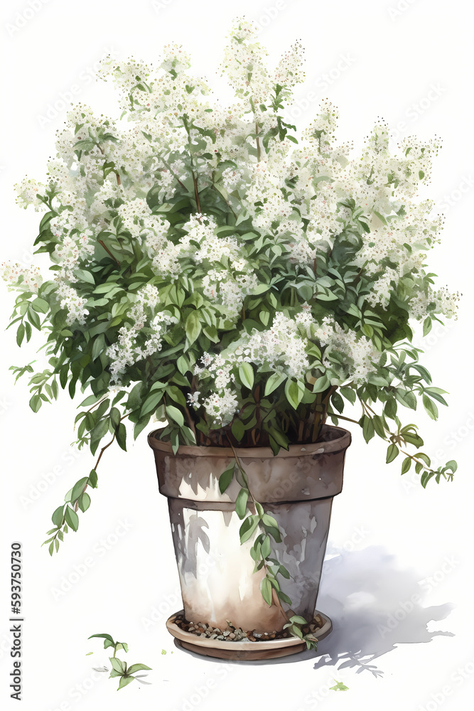 Botanical Watercolor Illustration of Bridal Wreath Spirea in Pot. Generative AI