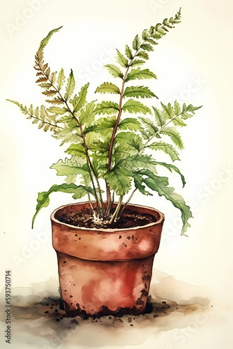 Botanical Watercolor Illustration of Bracken in Pot. Generative AI