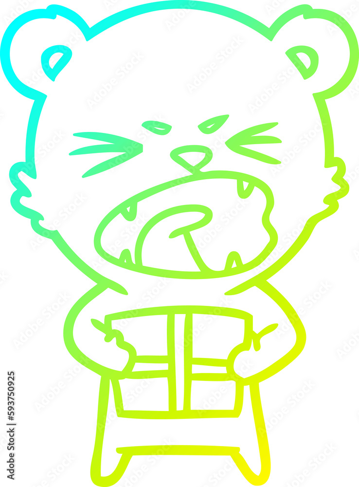 cold gradient line drawing angry cartoon bear with present cold gradient line drawing angry cartoon bear with present