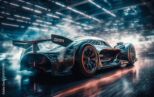 Racing Silver Sports Car on Track with Motion Blur. Generative ai © Scrudje