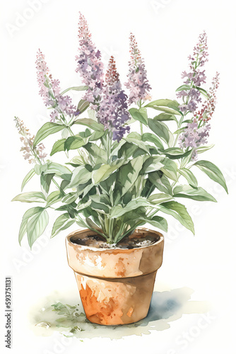 Botanical Watercolor Illustration of Butterfly Bush in Pot. Generative AI