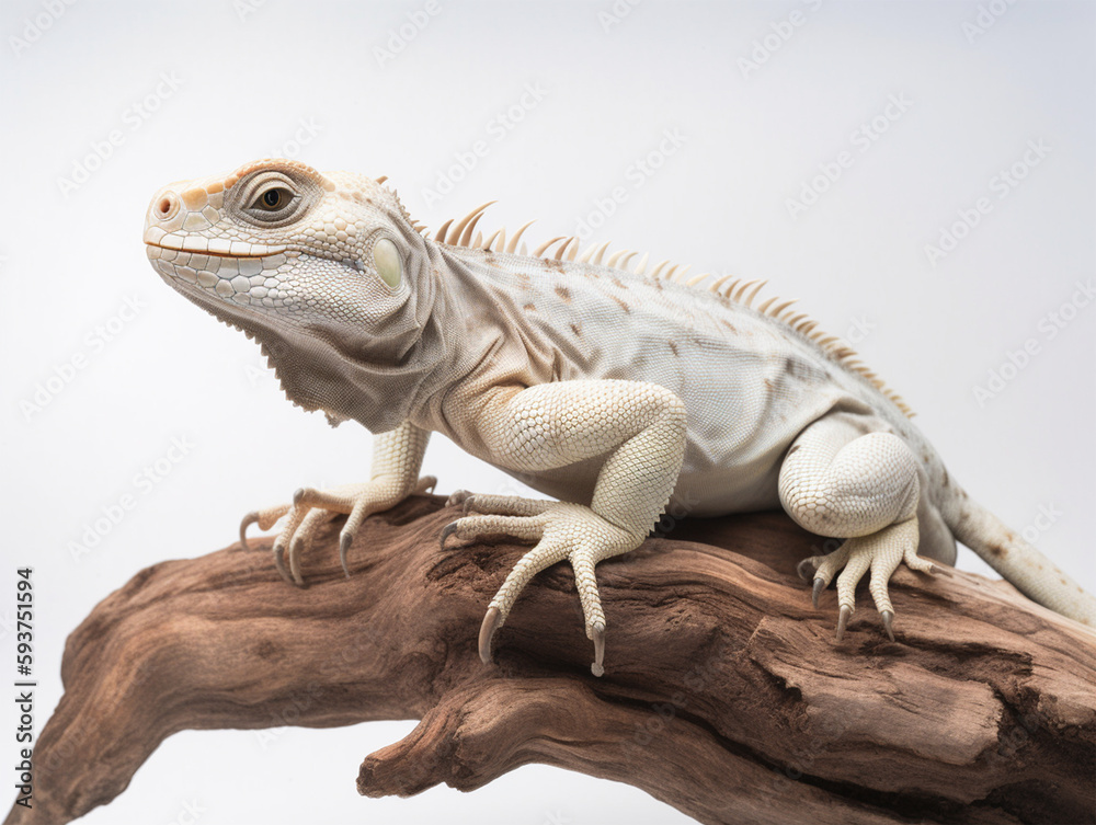 Obraz premium Studio portrait of white iguana on a tree branch. isolated on white background. ai generative
