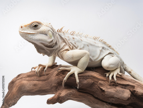 Studio portrait of white iguana on a tree branch. isolated on white background. ai generative