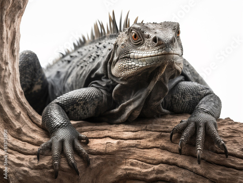 Studio portrait of black iguana on a tree branch. isolated on white background. ai generative