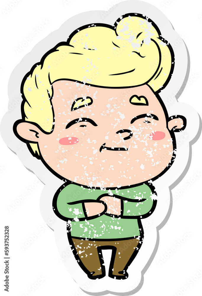 distressed sticker of a happy cartoon man distressed sticker of a happy cartoon man