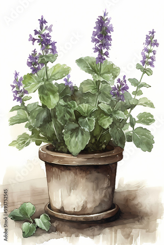 Botanical Watercolor Illustration of Catmint in Pot. Generative AI