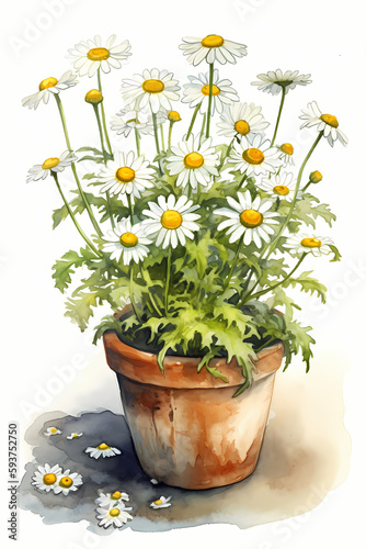 Botanical Watercolor Illustration of Chamomile in Pot. Generative AI