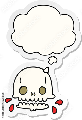 cartoon spooky skull and thought bubble as a printed sticker © lineartestpilot