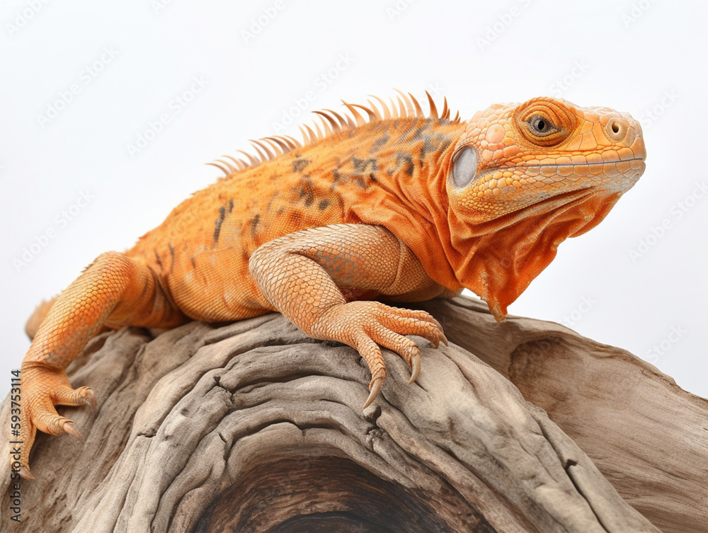 Obraz premium Studio portrait of an orange iguana on a tree branch. isolated on white background. ai generative